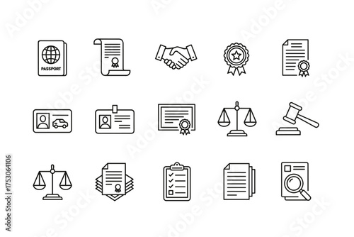 Law and justice line icon set. Legal document, passport, ID card, certificate, and court symbols. Vector collection for notary, agreement, contract, and identity verification.