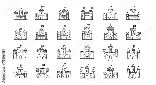 Castle line icon set. Medieval fortress and palace collection. Simple outline vector illustration of fairytale kingdom architecture. Historic stronghold and tower symbols.