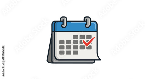 Calendar with checkmark for schedule and appointment. Event planning, deadline, and time management concept. Date marked with red tick. Approved task and organizer icon vector.
