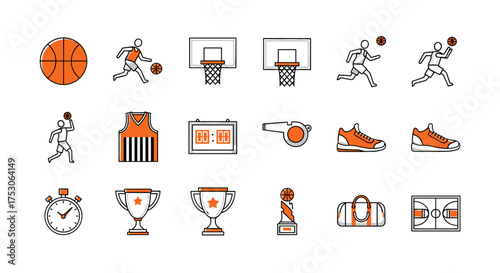 Basketball sport icon set collection. Vector line icons. Player, ball, basket, court, scoreboard, trophy cup, whistle, shoes. Game, match, championship, tournament elements.