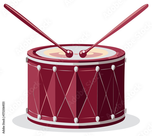 Red musical drum with drumsticks percussive instrument illustration