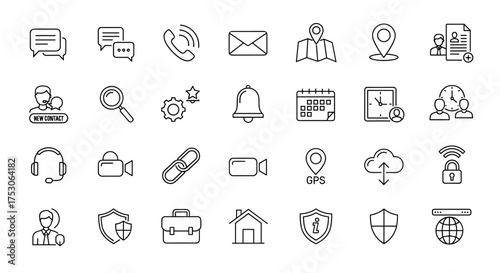 Contact us line icons. Customer service, support and communication icon set. Thin line vector pictograms for web, mobile app. Phone, chat, email, location, security.