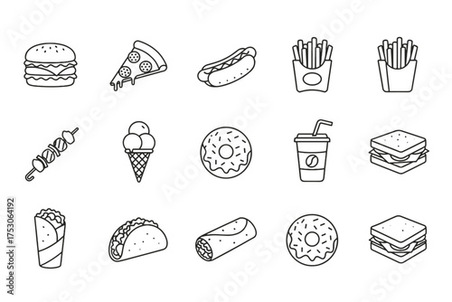 Fast food line icons set. Vector collection of junk food symbols. Hamburger, pizza, hot dog, fries, soda, ice cream, donut, taco, burrito for takeaway restaurant menu design.