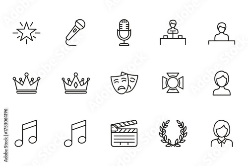 Entertainment and celebrity icon set. Vector line art symbols for fame, show business, movies, and music. Includes microphone, crown, theater masks, clapperboard, and award.
