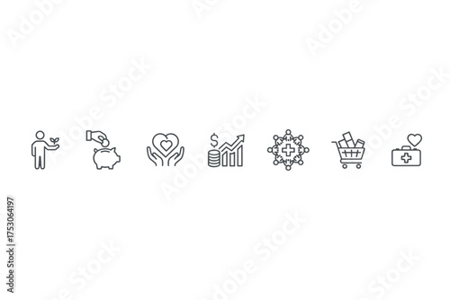Charity and donation line icon set. Vector icons for healthcare, finance, savings, and community support. Concepts of investment growth, medical care, first aid, and pharmacy.