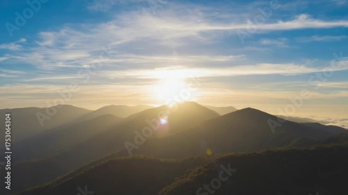 Vibrant colors of sunset with clear sky and silhouette of mountains.