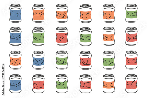 Set of crushed colorful aluminum soda or beer cans. Vector illustration pattern of used, dented tin containers for recycling. Concept for waste, garbage, and environmental pollution.