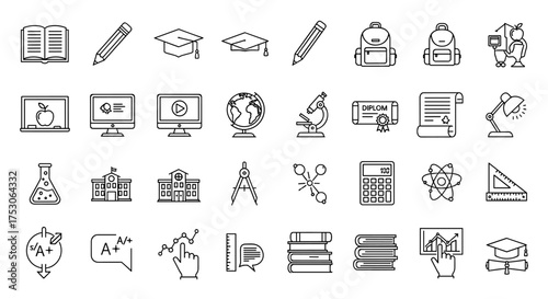 Education and science thin line icon set. School, university, study symbols. E-learning, knowledge, graduation vector icons. Outline pictogram collection for web and apps.