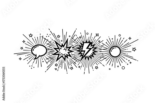 Comic book pop art graphic elements set. Speech bubble for dialogue, explosion for impact, lightning bolt for energy. Vector outline sunburst, stars. Retro cartoon doodle.