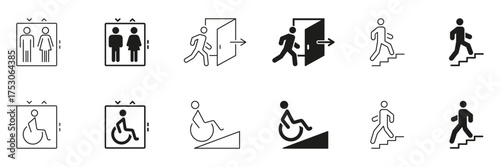 Elevator, Exit and Accessibility Icon Set. Public Facility Navigation And Accessibility Symbols Collection. Isolated Vector Illustration