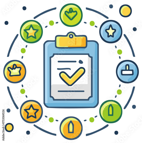 Quality assurance concept with checklist on a clipboard and achievement icons