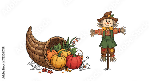 Vector set of cartoon autumn harvest elements. Cute scarecrow and cornucopia horn of plenty with pumpkins. Isolated fall icons for Thanksgiving, greeting card, or banner.