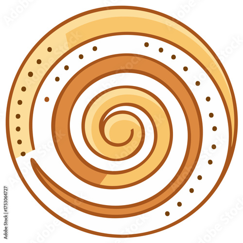 Cartoon round pastry with spiral pattern and circle of dots, sweets and confectionery illustration, simple graphic style.