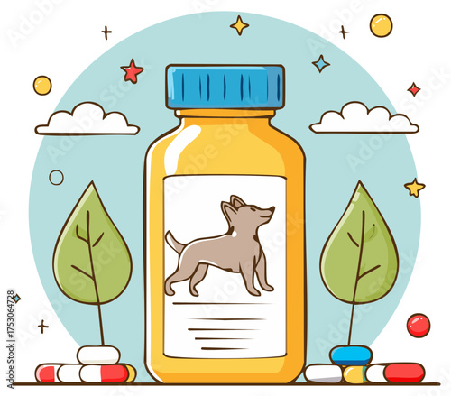 Dog vitamin bottle with natural leaves and colorful capsules