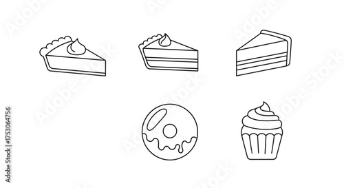 Dessert icon set vector line art. Cake slice, pie, donut, cupcake outline illustration. Simple minimal doodle for bakery, cafe menu, patisserie. Sweet food, confectionery.