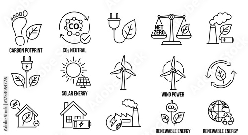 Renewable energy icon set. Green energy, CO2 neutral, carbon footprint, solar panel, wind turbine. Ecology, environment, and sustainability vector line icons for infographics.