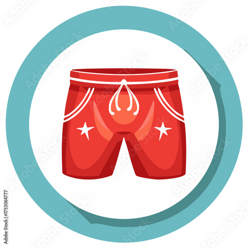 Red Swimming Trunks with Stars and Drawstring in Circular Frame
