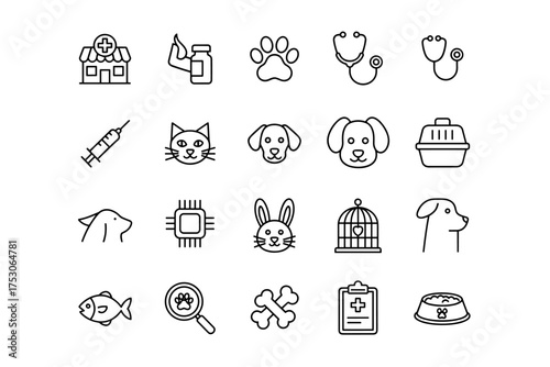 Veterinary pet care line icon set with clinic, dog, cat, rabbit, fish, stethoscope, syringe, microchip, paw print, medical supplies. Animal health and treatment concept.