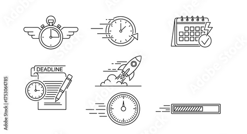 Time management, speed, and deadline linear icons. Fast delivery, project launch, efficiency, and productivity concepts. Vector symbols: stopwatch, rocket, calendar, timer.