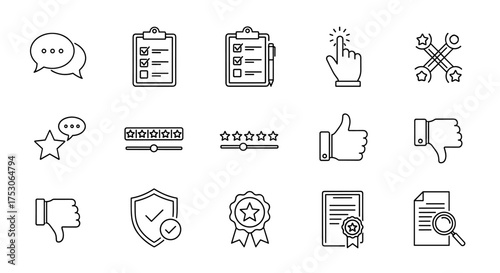 Feedback and review line icons. Customer satisfaction and quality control symbols. Includes star rating, survey, checklist, thumbs up, thumbs down, and certified document vectors.