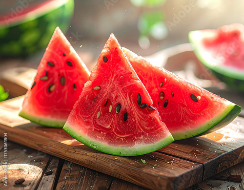 Fresh watermelon slices on a wooden cutting board, ready to eat