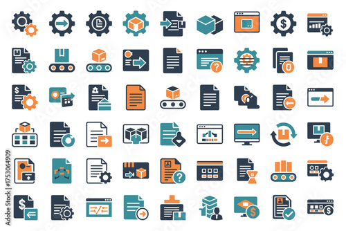 Processing and automation icons set. Workflow management, document flow, data transfer, logistics, file settings. Business process, technology, delivery vector symbols.