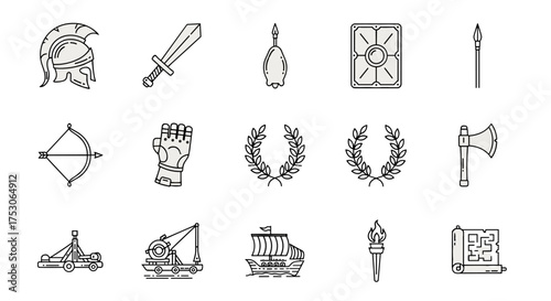 Ancient Rome & Greece military icon set. Vector line art of gladiator helmet, sword, shield, spartan armor, catapult, galley & laurel wreath. History & war weapon concepts.