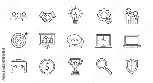 Business line icon set. Corporate strategy, management, finance concepts. Team, partnership, idea, goal, analysis, success, security. Vector outline pictograms for web and mobile.