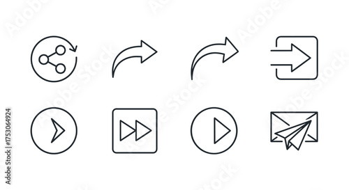 Share, play, send, and navigation line icon set. UI UX interface elements collection. Forward, next, exit, reply, and fast forward symbols. Web and app design graphic resources.