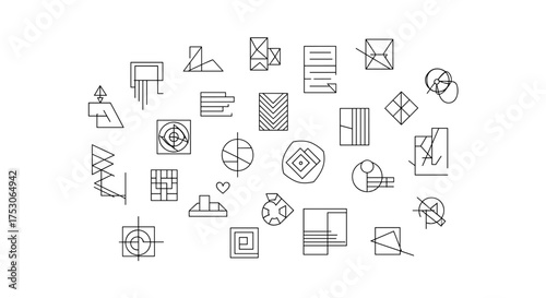 Abstract geometric shapes collection. Set of minimalist line art icons. Modern vector symbols for logo design. Architectural and technical graphic elements. Simple signs and patterns.