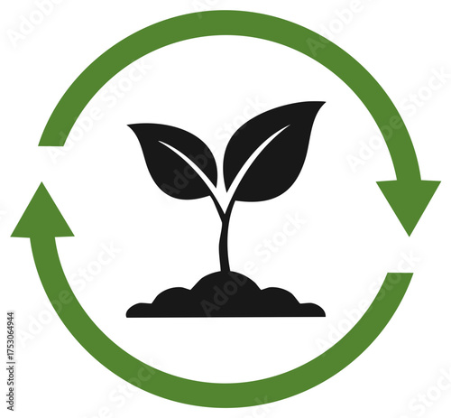 Green seedling growing from soil within a circular arrow symbol representing sustainability and renewal