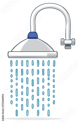 Cartoon showerhead with falling water droplets and a pipe connection