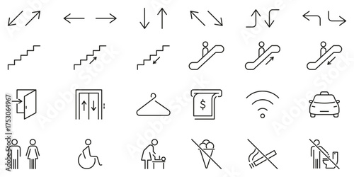 Directional And Facility Icons Set. Navigation, Accessibility and Public Amenities Outline Symbol Collection. Editable Stroke. Isolated Vector Illustration