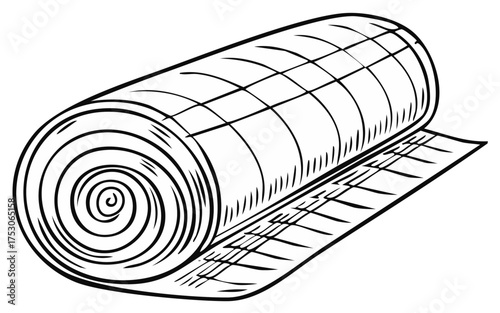Rolled mattress illustration. Hand-drawn black and white outline.