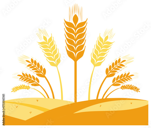 Stylized illustration of wheat stalks and field in shades of yellow and orange with minimal details.