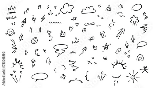 Hand drawn doodle sketch arrows, crowns, hearts and other elements Vector illustration.