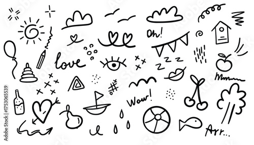 Hand drawn doodle set of kids elements. Vector illustration.