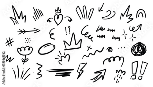 Hand drawn doodle sketch arrows, crowns, hearts and other elements Vector illustration.