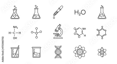 Science and chemistry thin line icon set. Laboratory research, experiment symbols. Flask, microscope, DNA, atom, molecule structure, and chemical formula. Vector illustration.