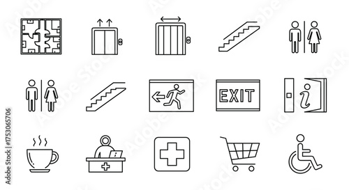 Set of public navigation and information line icons. Vector symbols for wayfinding in shopping mall, airport, hospital. Includes elevator, escalator, restroom, exit, accessibility.
