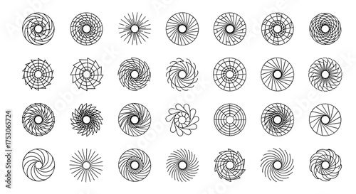Vector collection of geometric circle elements. Abstract shapes for logos. Minimalist icons. Hypnotic swirls, spirals, sunbursts, vortex. Technical circular line art set.