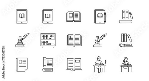 Book and reading line icon set. Vector icons for education, literature, and learning. Symbols for library, school, writing, study, ebook, knowledge, and university concepts.
