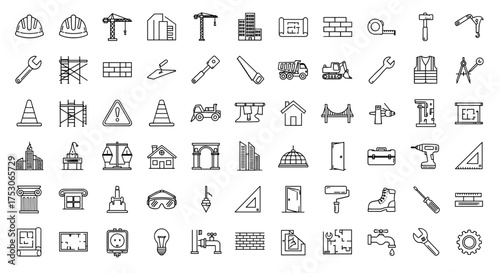 Construction and building icon set. Architecture, engineering, and renovation symbols. Line art icons for industry, tools, safety, equipment, houses, and blueprints.
