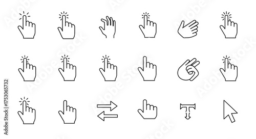 Hand cursor pointer icon set. Line art collection for web interface design. Click, tap, press, gesture, and select symbols. Vector graphic elements for UI and UX projects.