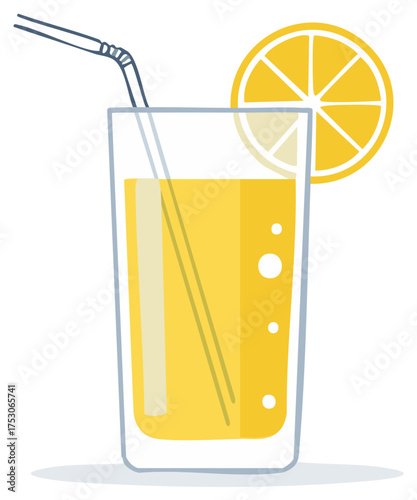 Hand drawn glass of refreshing lemonade with a straw and lemon slice garnish