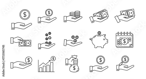 Money and finance thin line icon set. Business, payment, investment, savings concepts. Hand holding coin, cash, piggy bank, money bag, calendar. Financial growth chart icons.