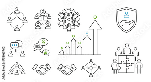 Teamwork and business process line icon set. Vector collection for collaboration, corporate growth, management, communication, hierarchy, partnership, puzzle, gear, handshake.