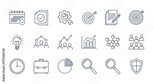 Business process and project management line icon set. Corporate strategy, workflow, productivity, teamwork, data analysis, and goal setting thin line vector symbols.