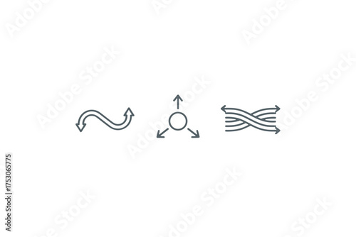 Versatile arrow icon set for direction, flow, and process. Concepts for flexible path, streamlined workflow, divergence, distribution, options, strategy, and navigation.