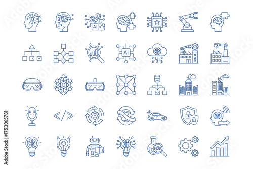 Artificial intelligence line icon set. AI, machine learning, robotics, and data science concepts. Includes neural network, deep learning, bot, automation, and smart tech symbols.